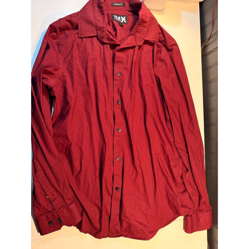 Express 1MX Modern Fit Shirt Mens Large 16-16.5 Burgundy Red Stretch Button Down